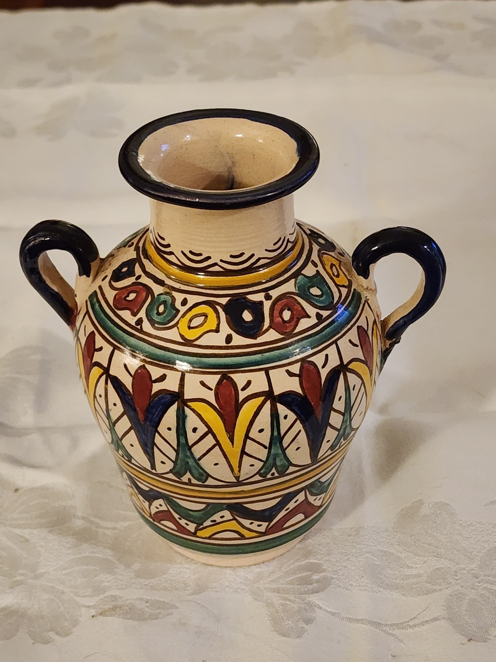 Hand-Painted Moroccan Ceramic Vase in Cream with Multicolor Accents